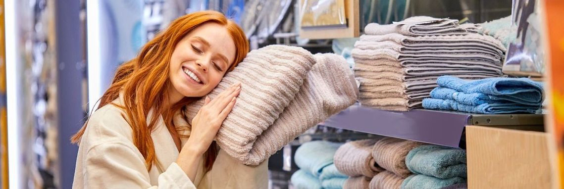mujer se acomoda a colcha en pasillo supermercado